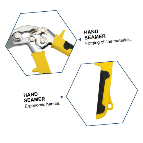 Close-up of Pro Grade Hand Seamer Tool For Ductwork With Ergonomic Folding Design and yellow grip, showcasing its features.