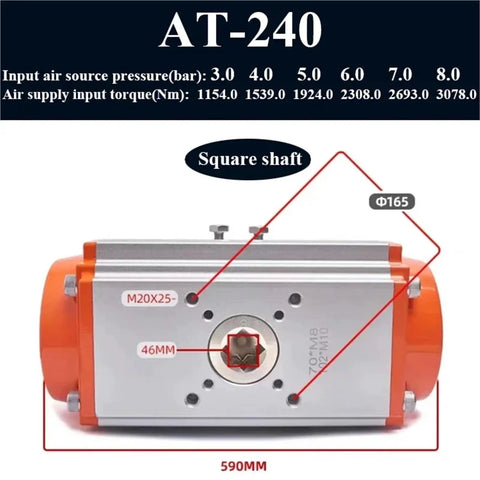 No Sweat At240 Air Pneumatic Actuator for Butterfly and Ball Valves showing square shaft and input dimensions.