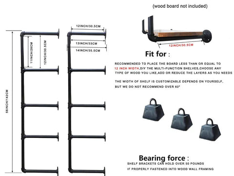 Diagram of Industrial Iron Pipe Shelf Kit With 5-Tier Wall Mount Brackets, dimensions and weight capacity shown.