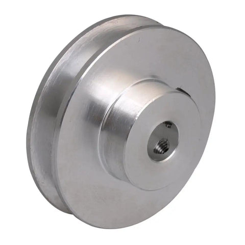 Runs Buttery Slick Single Groove Pulley Wheel Crafted From Heavy Duty Silver Aluminum Alloy With An 8mm Fixed Bore That Locks Secure On 3 To 5mm Pu Belts For Easy Gym Gear Upgrades, showing a close-up of the silver aluminum pulley.