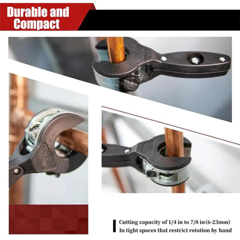 2-In-1 Tubing Cutter With Ratchet Handles For Copper Pipe 1/4 To 7/8 Inch Close Quarters PVC Cutter in use on copper pipe