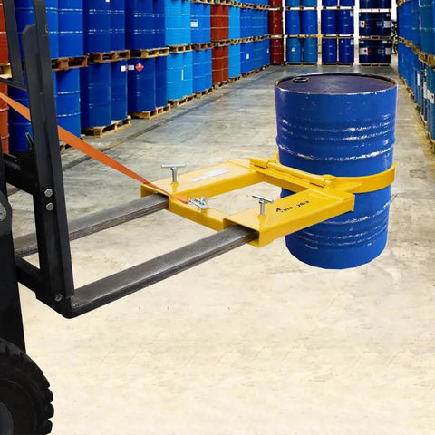 Heavy Duty Dmc Drum Grabber With 1500 Lbs Capacity Single Fork Mounted Design, lifting a 55 gallon blue drum in a warehouse.