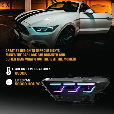 Ford Mustang Headlamp Upgrade With Sequential Animation, shown on a vehicle, highlighting its stylish LED design and features