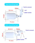Diagram of top and side mounting types for NSF Certified 1/4 Inch Push To Connect Fittings For RO Water Filter Kit with dimensions.