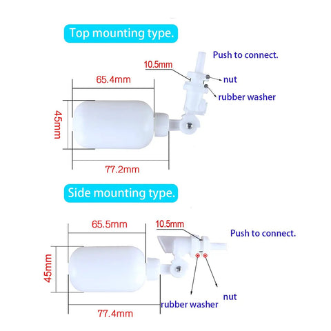 Diagram of top and side mounting types for NSF Certified 1/4 Inch Push To Connect Fittings For RO Water Filter Kit with dimensions.