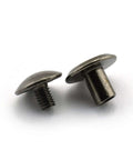 15 Sets Chicago Screws For Book Binding And Leather Craft Round Slotted Head Binding Bolts Dope Quality Carbon Steel Nickel Plated Black Finish 4 By 6mm One Quarter Inch Length DIY Rivet Style Fasteners For Projects shown front and side.