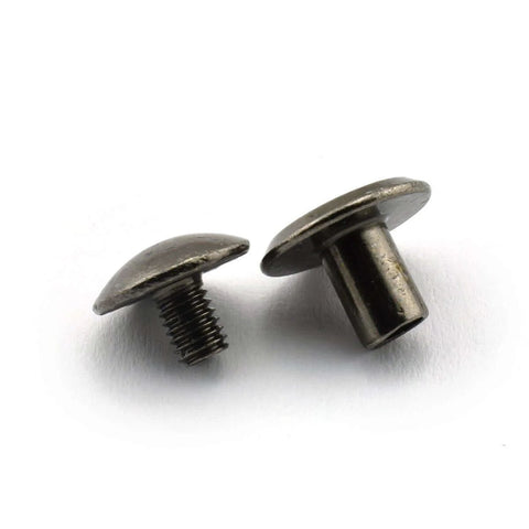 15 Sets Chicago Screws For Book Binding And Leather Craft Round Slotted Head Binding Bolts Dope Quality Carbon Steel Nickel Plated Black Finish 4 By 6mm One Quarter Inch Length DIY Rivet Style Fasteners For Projects shown front and side.