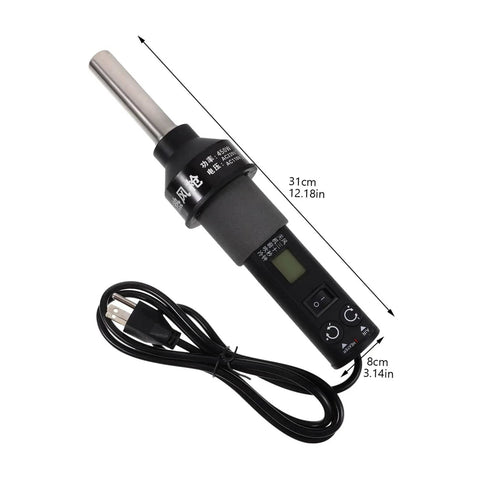 Dope 110V Portable Heat Gun Soldering Station With LCD Display for desoldering, shown with cable and measurements.