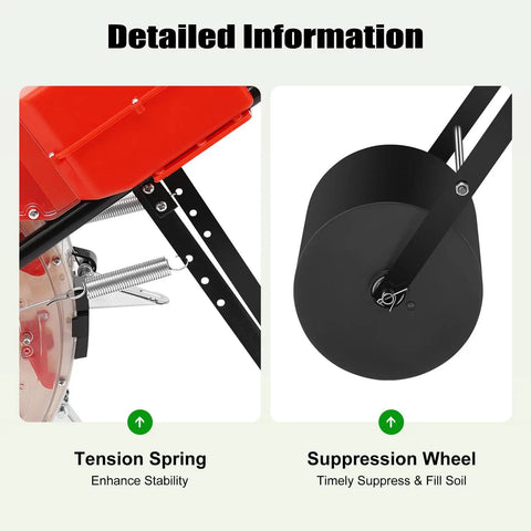 Manual Seeder Machine Hand Push Seeder With 10 Nozzles tension spring and suppression wheel close-up.
