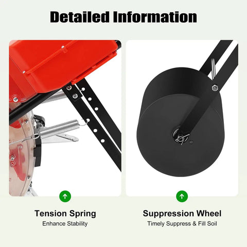 10 Nozzles Garden Seeder With Adjustable Depth Hand Push Roller Planter Metal Precision Row Crop Spreader tension spring and suppression wheel details