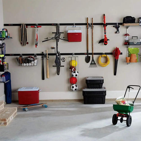 Organized garage with FastTrack Wall Double S Hook Garage Organizer Set, 2 Pack For Hand Tools, shelves and lawn supplies