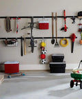 Garage wall with FastTrack Wall Double S Hook 2 Handle Garage Tool Organizer Rack For Hand Tools 4 Pack, tools organized neatly