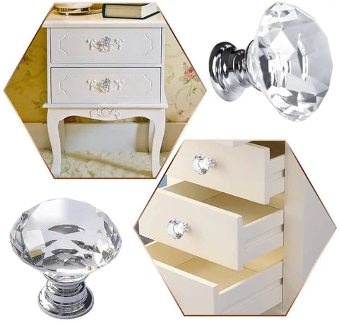 Clear Crystal Glass Cabinet Knobs 6 Pack Diamond Shape 30mm Drawer Pulls for Cabinets Dressers Wardrobes Kitchens with Chrome Base