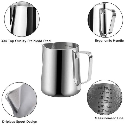 Pro Grade 20 Oz Stainless Steel Milk Frothing Pitcher For Latte Art At Home, 304 Stainless, Rust Resistant, 600 Milliliter Capacity