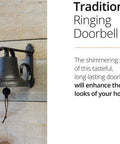 Rustic Cast Iron Doorbell For Homes Large Outdoor Door Bell for entry, black, wall-mounted on wooden wall, no battery needed, weatherproof.