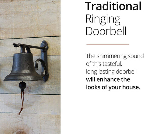 Rustic Cast Iron Doorbell For Homes Large Outdoor Door Bell for entry, black, wall-mounted on wooden wall, no battery needed, weatherproof.