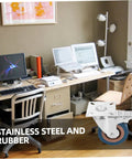 Four Piece Heavy Duty Swivel Caster Wheel Set With Threaded Stem And Retractable Furniture Rollers Built Tough for smooth rolling in an office setup with stainless steel and rubber materials.