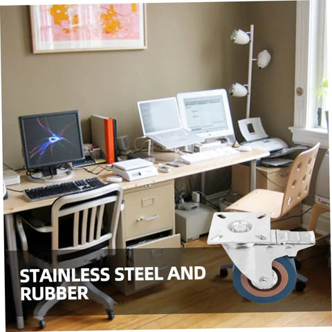 Four Piece Heavy Duty Swivel Caster Wheel Set With Threaded Stem And Retractable Furniture Rollers Built Tough for smooth rolling in an office setup with stainless steel and rubber materials.