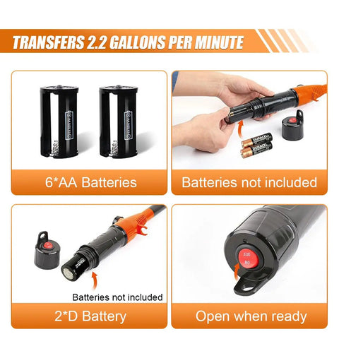 No Sweat Durable Heavy Duty Portable Battery Powered Fuel Siphon Pump For Gas Diesel Water Transfer 2.2 Gpm Flow Rate showing battery compartments.