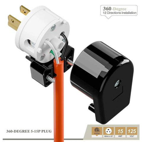 Right Angle NEMA 5 15P 15A 125V AC Plug With ETL Certification showing assembly and copper pins