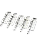 Set of five Spring Bolt Latch Locks for Door Gate Cabinet Metal Push Button Safety Catch with polished chrome finish.