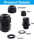 Components of Twelve Pack Three Quarter Inch NPT Cable Glands Nylon Waterproof Adjustable Cord Grips With Locknut And Gaskets