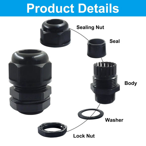 Components of Twelve Pack Three Quarter Inch NPT Cable Glands Nylon Waterproof Adjustable Cord Grips With Locknut And Gaskets