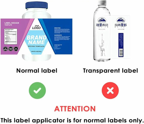 No Sweat Manual Labeling Machine And Label Applicator For Round Glass Plastic Bottles visuals comparing normal and transparent labels.