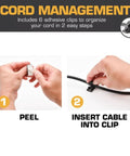 Guide showing hands using adhesive clips for cord management with steps to peel and insert cable for 18-Inch Garage Wall Mount Fan With Beast-Mode 5400 CFM Wet-Rated Airflow.