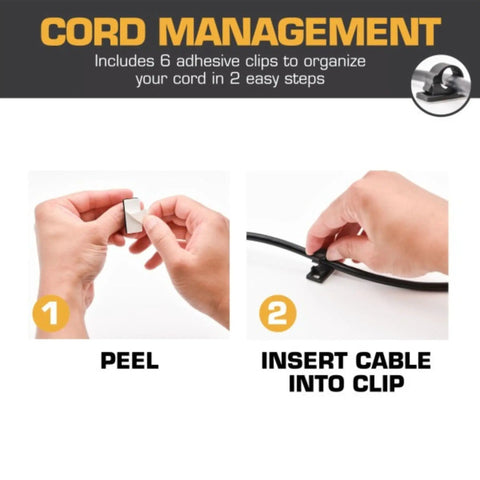 Guide showing hands using adhesive clips for cord management with steps to peel and insert cable for 18-Inch Garage Wall Mount Fan With Beast-Mode 5400 CFM Wet-Rated Airflow.