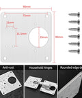 8 Piece Hinge Repair Plate Kit In Brushed Stainless Steel For Cabinets shown with screws and dimensions