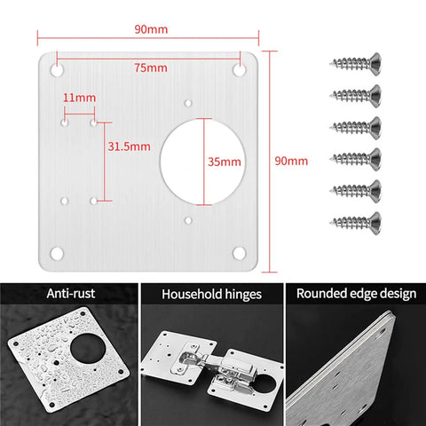 8 Piece Hinge Repair Plate Kit In Brushed Stainless Steel For Cabinets shown with screws and dimensions