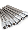 Extra Long Hex Bit Socket Set, Beefy Heavy Duty 7 Piece With 3mm 4mm 5mm 6mm 7mm 8mm 10mm Sockets, 110mm Shaft, laid out on white background