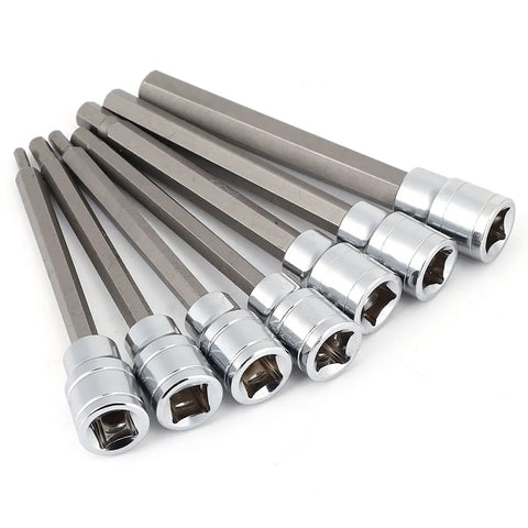 Extra Long Hex Bit Socket Set, Beefy Heavy Duty 7 Piece With 3mm 4mm 5mm 6mm 7mm 8mm 10mm Sockets, 110mm Shaft, laid out on white background