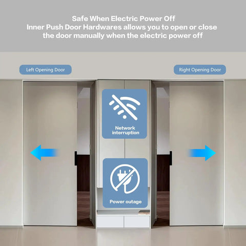 Kickass Motorized Sliding Barn Door Hardware Kit Featuring Super Smooth Glide Control Remotes And Touch Panels For Up To Fifty Nine Inch Doors Zero Floor Track Required Rapid Install showing manual operation during power outage.