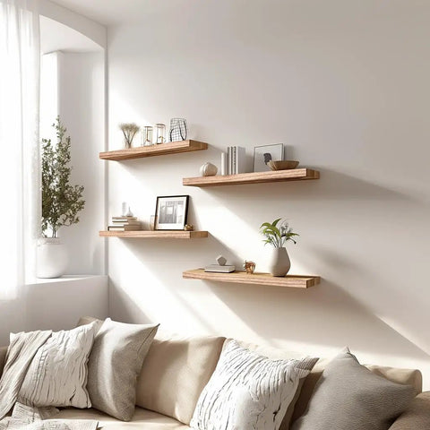 Set Of Six Premium Solid Wood Floating Wall Shelves Light Brown Oak Style Real Timber Grain Decor For Bedroom Living Room Knockout Design Hella Durable Modern Rustic Look 17 Inch Width Easy Mount Home Storage Solution on white wall with decor.