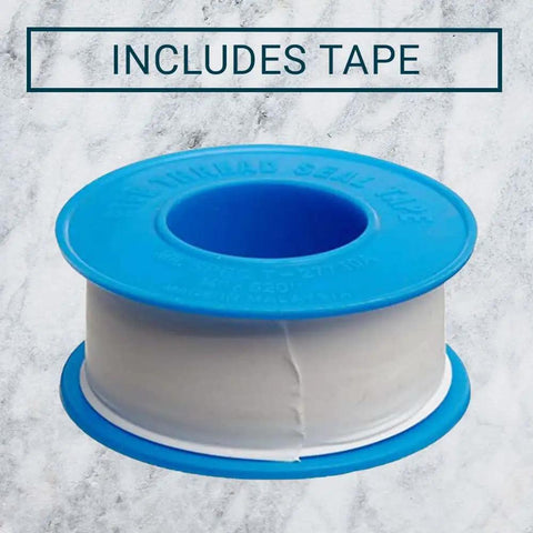 Plumber's tape included with Signature Icon Anystream High Pressure Shower Head, shown on a blue reel against marble surface.