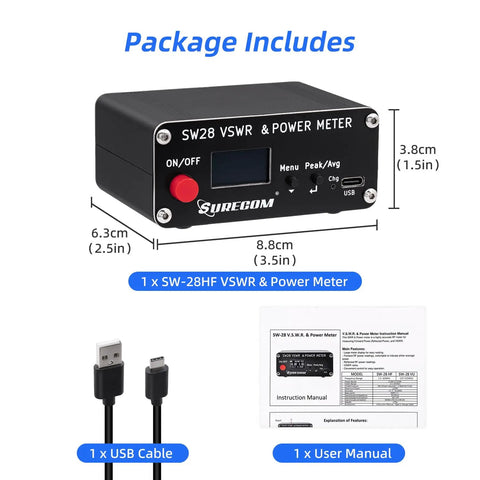Compact RF VSWR And Power Meter 1.5 MHz To 60 MHz, 120W Mini Tester with USB cable and user manual included in package.