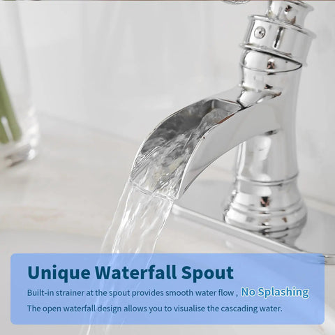 Chrome Waterfall Bathroom Faucet With Single Hole, Single Handle Sink Faucet For Farmhouse Vanity, unique spout design