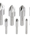 82 Degree 6 Flute HSS Countersink Set, 8 Pack, Precision Ground Countersinks, Sizes From One Quarter Inch To One Inch, visible
