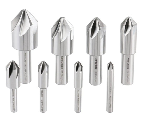 82 Degree 6 Flute HSS Countersink Set, 8 Pack, Precision Ground Countersinks, Sizes From One Quarter Inch To One Inch, visible