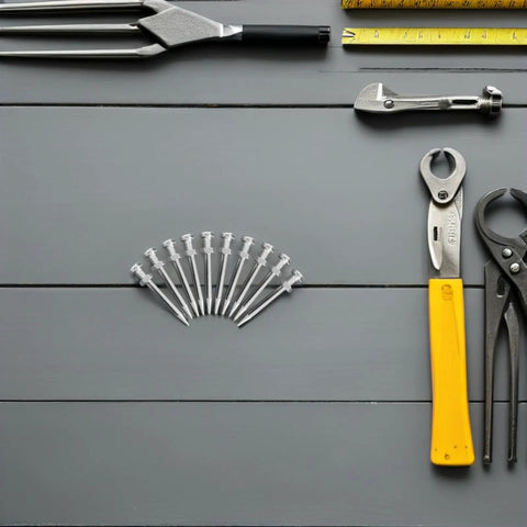 Lawn Aerator Shoes Spikes Kit with Durable Metal Nails for Lawn Aeration, 20 Piece Set arranged with tools on a grey surface.
