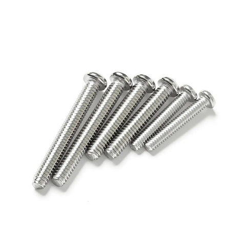 M2 X 10mm Pan Head Machine Screws 50 Pack Phillips Drive 304 Stainless Steel Fully Threaded in a row on a white background.