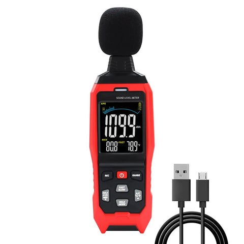 Sound Level Data Logger With Real Time Decibel Readouts 30 To 130 dB Range, Audible And Visual Alarm, PC Export Of 1999 Data Groups, Temperature Reading, Analog Bar Indicator, And Easy Windows Software device with USB cable