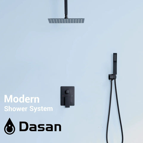 Ceiling Shower System With 12 Inch Rain Head Handheld And Body Spray Kit Glossy Black wall-mounted system with valve SA SS03MB S12C