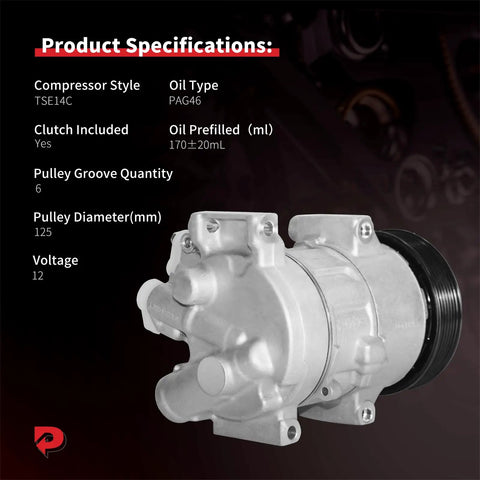 Straight Up AC Compressor With Integrated Clutch, TSE14C style, for 2011-2013 Toyota Corolla and Matrix specifications.