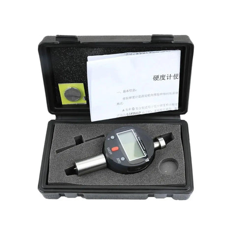 Portable Shore A And D Digital Hardness Meter Durometer Tester With Large LCD Screen in case, gray ABS body, for rubber and tires.