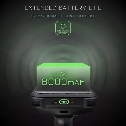 Rugged Pistol Grip Barcode Scanner With 2D 1D And QR Reading showing 8000mAh battery life, Android 13 ready