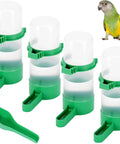 No Mess 4 Pack Automatic Bird Water Feeder And Food Dispenser Clip On Cage Hydration Kit For Parrots Parakeets Cockatiels Budgies with green plastic clips.