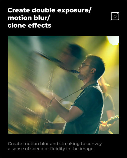 Musician performing on stage with motion blur effects using 82mm Unilateral Blur Ghost Motion Filter for Camera Lens